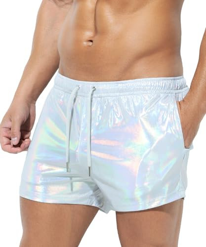 Casey Kevin Metall Shorts Herren Glänzende Kurze Hose Party Gold Silber einseitige See-Through-Effekt Shorts Bar Metallic Pailletten Boxershorts, XL