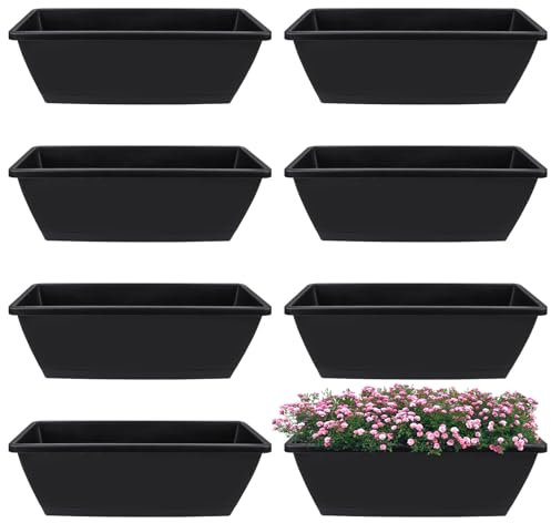 8Pcs Rectangle Plant Pot Rectangle Window Box Planter 17 Inch Black Herb Planters with Tray Herb Pots for Indoor Plants Large Flower Boxes for Bay Window,Kitchen Windowsill,Shelf,Coffee Table