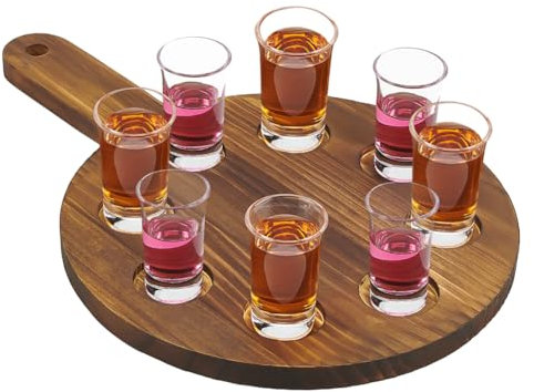 FINGERINSPIRE Bier Flugbrett Für 8 Glas Hölzernes Whisky Flugpaddel 45 mm Schlitze Schnapsbrett Serviertablett Mit Gebranntem Holz Bierprobentablett Schnapsglashalter (Flach Rund). Sattelbraun