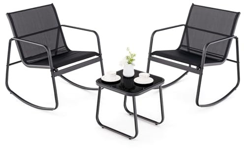 GIANTEX 3 TLG. Gartenmöbel Set, Balkonmöbel Kleiner Balkon, Balkonset 2 Schaukelstühle mit Tisch, Balkon Möbel für 2 Personen, Terrassenmöbel Outdoor Sitzgruppe, Gartengarnitur wetterfest (Schwarz)