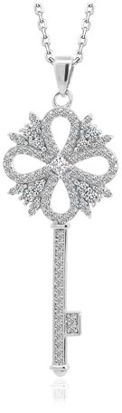 Maison Dianie Collier en Argent 925 Cubique Brillante avec Pendentif Clé Pendentif Fleur Chaîne Argent Acier inoxydable pour Cadeau Femme Maman Anniversaire Fête Soirée Filles (Clef)