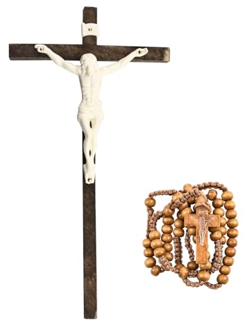 CRAFFANCY Kruzifix Kreuz Set, Rosenkranz Alskette aus Holz mit Kreuz Zum Aufhängen, Christliches Wandkreuz, Katholisches Holzkreuz, Jesus Kolzkreuz für Innendekoration, Kommunion