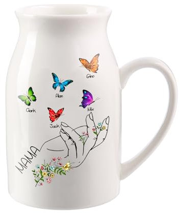 Personalisierte Vase Keramik Blumenvase Weiß mit 1-8 Namen & Text Getrocknete Schmetterlings Vase Moderne Deko Geschenke für Oma Mama Geburtstag