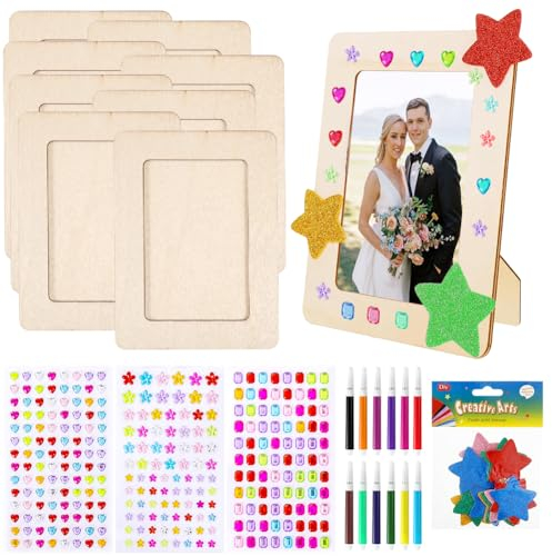 Silkwish 8 Stück Bilderrahmen Bastelset Holz,DIY Bilderrahmen Set Kinder,Rechteckige Bastelrahmen mit Bunte Glitzersteine und 12 Stück Aquarellstifte,für Kinder zum Basteln, Gestalten und als Dekoidee
