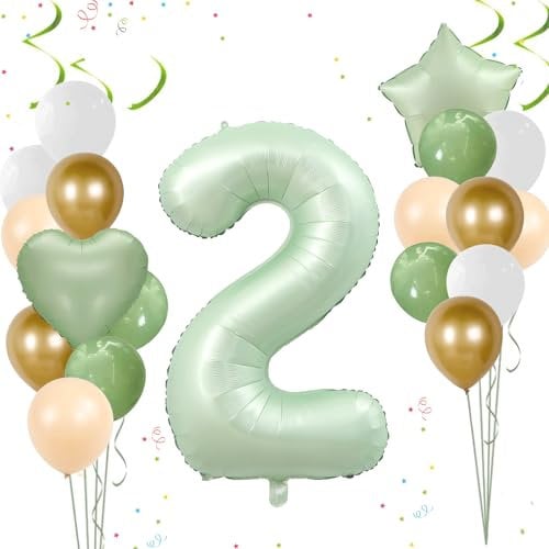 Ligtmor 40 Zoll Luftballons Salbeigrün, 2. Geburtstag Set, Deko 2 Jahre Junge, Folienballon, Party Dekoration, Jubiläum