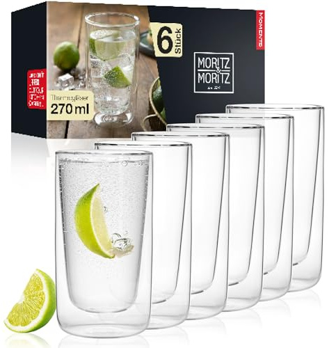 Moritz & Moritz 6x 270 ml Trinkgläser Set Doppelwandig - Doppelwandige Gläser für Cocktails, Wasser, Tee, Kaffee oder Longdrinks - Spülmaschinengeeignet