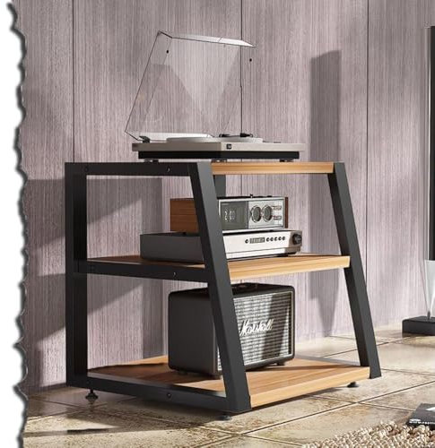 HAEKEBC Eckregal Mit 2/3/4 Ebenen, Audioständer, Retro Audio Rack HiFi-Audioschrank Für DVD-Player, TV-Zubehör, Holzregale, Offenes Lagerregal Für Heimkino(Light Walnut,3Tier)