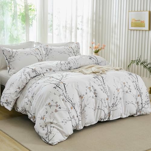 Floral White Bedding Set 3 Pieces Tree Branch and Plum Flower Printed Duvet Cover Set with 2 Pillowcases Botanical Soft Microfiber Duvet Cover Set for All Season Double Size 200x200 cm