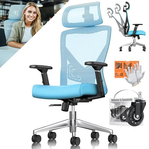 KESSER® Bürostuhl Ergonomisch mit verstellbaren Armlehnen | Drehstuhl mit Lendenwirbelstütze Rückenschonend | Schreibtischstuhl mit Kopfstütze | Office Chair Wippfunktion bis 125° mit 5X Gummirollen