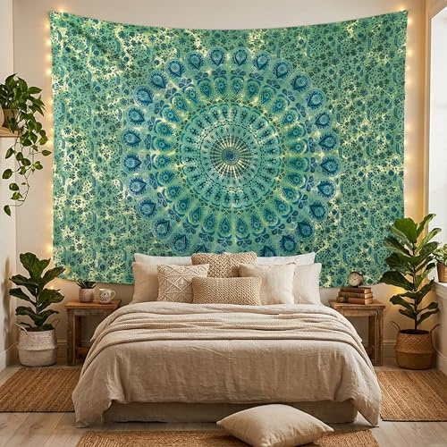 FURNISHFUL FINESSE Mandala Wandteppich Grün Wandbehang Wandteppiche Boho Pfau Wandtuch für Dekor Zuhause und Wohnzimmer– 213 x 228 cm