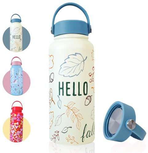 OcTecho Metal Water Bottle 1L,Insulated Water Bottles Stainless Steel for 12h Hot & 24h Cold Drinks, Double Vacuum Thermos Flask Water Bottles Leakproof Lid, BPA Free for Sports/Travel/Work-Beige Leaf
