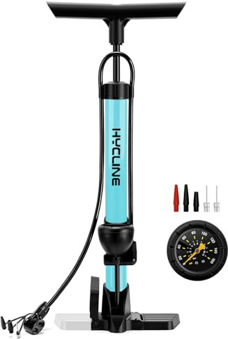 Hycline Bike Floor Pump with Gauge - 160 PSI High Pressure Bicycle Pumps - Durable Air Pump Fits Presta & Schrader Valve - Inflator for Road MTB Tire, Ball, Balloon, Inflatables - Blue