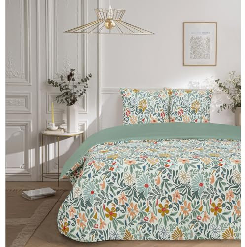 Parure de lit 3 pièces Adulte 2 Personnes en Satin de Coton imprimé Floral Set de Housse de Couette 240x220cm +2 Taies d'oreiller 63x63 cm avec Fermeture Bouteille