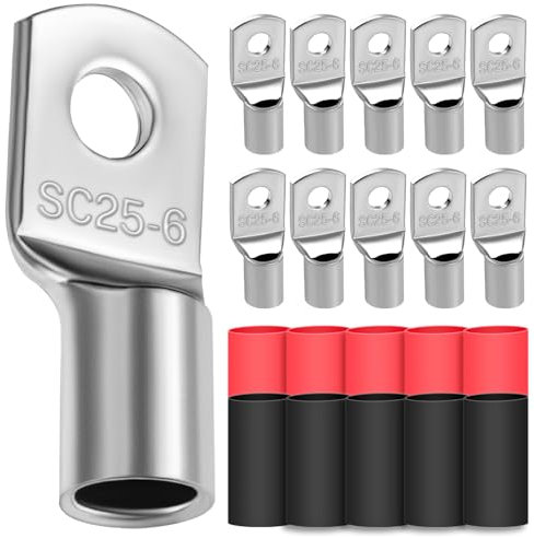 Lot de 10 cosses de câble tubulaires 25 mm² - Diamètre du trou M6 - Cosses à anneau en cuivre épais non isolées avec 10 gaines thermorétractables 3: 1