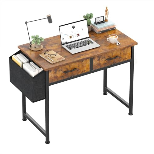 CAIYUN Computer Office Desk for Small Space with Fabric Drawers, Home Office Desk for Bedroom with Side Pocket and Hook, 80CM Brown Kid’s Desks, Writing Desks, Study Table and Work Table， Brown
