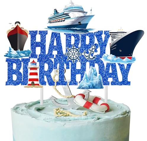 Nautical Happy Birthday Cake Topper Glitter Blue Ship Birthday Party Decorations Cruise Ship Cake Picks Ocean Nautical Ship Cake Decoration for Liner Lighthouse Baby Shower Supplies