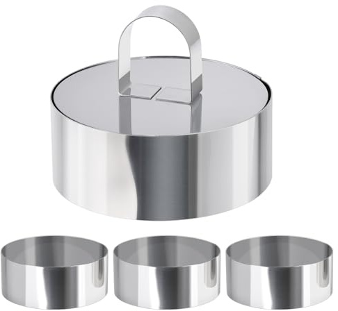HULISEN Round Cake Ring Mold, Stainless Steel 4 Cooking Crumpet Rings with 1 Pusher & 4 Food Form, Tuna Tartare Mold for Pancake, Salad, Mousse