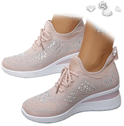 Baskets compensées respirantes à paillettes pour femme - Style décontracté - Maille à strass - Chaussures de marche, rose, 0 UK Wide