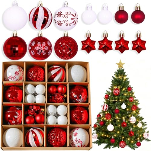 KEELYY Weihnachtskugeln 44er Set, Christbaumkugeln Kunststoff, Weihnachtsbaum Kugeln mit Aufhänger, Weihnachtsdeko Kugeln für Drinnen & Draußen Rot Weiß Weihnachtsbaumschmuck Christbaumschmuck