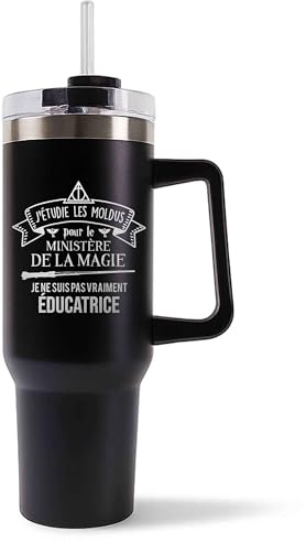 Planetee Mug Isotherme 1,2L - Éducatrice Ministère Magie Noir – Bouteille avec Anse, Paille et Couvercle – Idée Cadeau Gourde Personnalisée