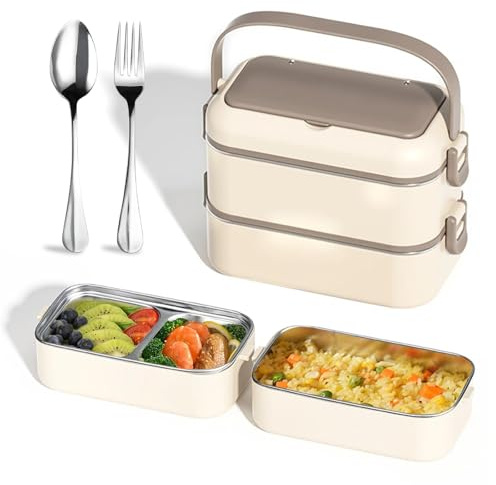 Dulynva Porta Pranzo Lunch Box con Posate Portapranzo in Acciaio Inossidabile Schiscetta Pranzo Ermetico Bento Box Microonde Lunchbox per Picnic Scuola Uffici Adulto Bambini Portamerenda (Cachi)