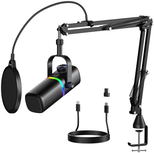 Aokeo Microphone for PC With mic arm, AK-10 USB/XLR Dynamic Desktop Microphone for Gaming,Podcast,Streaming with RGB Light,Volume Control,Mute Button,Noise Reduction
