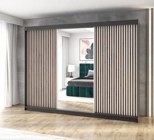 A&J MöbelLand Schwebetürenschrank FARA Kleiderschrank 3-türig 200 cm mit Spiegel und Schubladen, moderner Schlafzimmerschrank mit Schiebetüren (Schwarz)