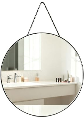 Numjeg Black Round 30CM Wall-Mounted Vanity Mirrors Hanging Rope Small Mirror Bedroom Circular Decorative Bathroom Living Room Home Decor