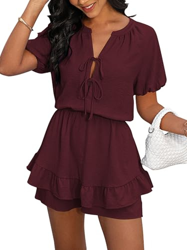 Theenkoln Sommerkleid Damen Jumpuit 2026 Sexy Elegante Minikleid Kurz Puffärmel Romper Rüschen Strampler Hohe Taille Overall Fliege Playsuit Sommerkleidung für Frauen mit Taschen Rot M