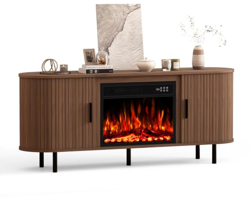 Quiniver 65 Curved Fluted TV Stand With Electric Fireplace Walnut | 750W&1500W heating, remote flame control, 8H timer, sliding door storage, water resistant wood, anti-tip kit, UKCA CE