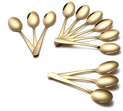 Buyer Star Lot de 12 Cuillères à Café, 14 cm Petite Cuillere Or Pour Sucre Dessert Gâteau Espresso à Café Thé Crème Glacée, Acier Inoxydable 304 18/10 Poli Miroir Cuillère Doré