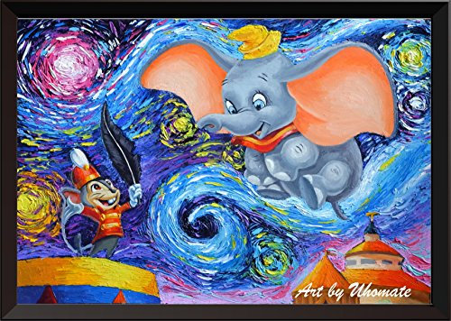 Uhomate A089 Wanddekoration Dumbo fliegender Elefant, Vincent Van Gogh Sternennacht, auf Leinwand, Wandbild für Babygeschenk, Kinderzimmer, Wohnzimmer, Wanddekoration, 24X30 inch