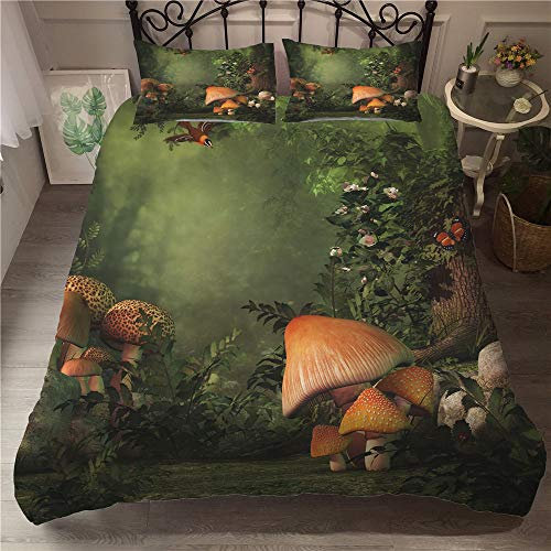 FANSU Bettwäsche-Set Bettbezug Kissenbezug, Mikrofaser Bedding Set Weich Haltbar Atmungsaktive - Pilz 3D-Druck (Grüner Wald,135x200cm(3pcs))