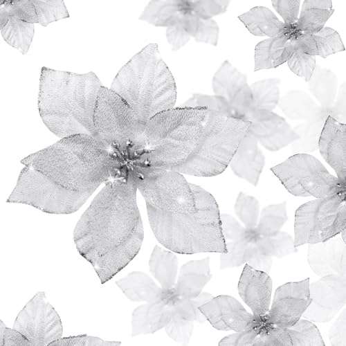 WILLBOND Pack of 36 Christmas Glitter Poinsettia Flowers Artificial Flowers Wedding Glitter Christmas Tree New Year Ornaments (Silver, 3 Inches, 4 Inches, 6 Inches)