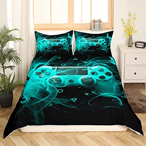 Tbrand Kinder Gamer Bettbezug Set Teens Gamepad Schlafzimmer Dekor für Jungen Mädchen Videospiel Controller Bettwäsche Set 135x200cm Jugendspielkonsole Betten Set Blau Schwarz Geometrie