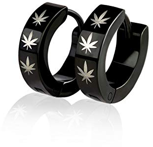 BlackAmazement 2er Set 316L Edelstahl Klapp Creolen Ohrringe 4mm Hanfblatt Pot Leaf Hemp Silber Schwarz Herren Damen (Schwarz)