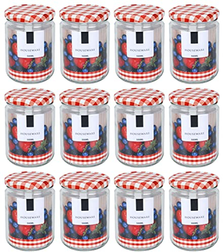 MIK funshopping Lot de 12 pots à confiture en verre avec couvercle à carreaux (500 ml)