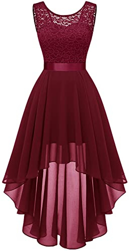 Berylove Femme Robe de Cocktail Femme Soirée Bal Pin Up en Dentelle Mousseline Jupe High Low sans Manche avec Ceinture BLP7035 DarkRed 3XL
