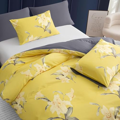Pamposh Juego de Funda de edredón Reversible tamaño Super King (220 x 260 cm), Juego de Ropa de Cama de Microfibra, Juego de Funda nórdica superking, Gris y Amarillo