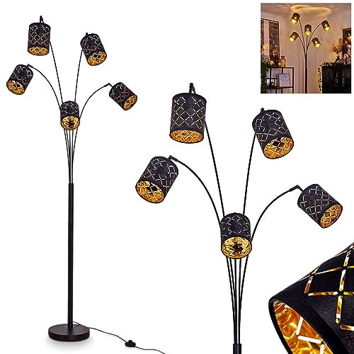 Stehleuchte Tallaboa, moderne Stehlampe aus Metall/Stoff in Schwarz/Goldfarben, Leuchte m. verstellbaren Strahlern, Lichteffekt u. Fußschalter am Kabel, Höhe max. 209cm, 5-flammig, 5x E14 max. 25 Watt