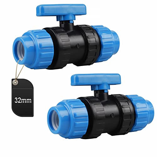 SWAWIS 2 Stück Kugelhahn für PE-Rohr Kunststoff Kugelhahn PP-Fitting Verschraubung für PE Rohr, 32mm (Blau)