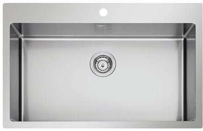 EVHOC Lavello Sopratop DEUS M, 1 Vasca per Cucina, Lavandino in Acciaio Inox Vasca Unica con Finitura Satinata, Fascia Forata per Miscelatore, Made in Italy, 75x51 cm