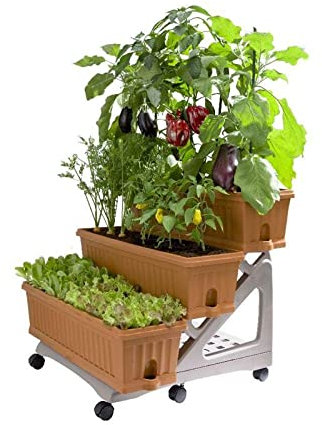 FRANKYSTAR Orto Easy - Kit di 3 fioriere da 80 cm con sottovaso e carrello a 3 livelli per composizioni o orto verticale. Pratico da spostare. Colore verde o terracotta. Made in Italy. (Terracotta)