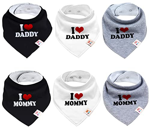 M.M.C. Lätzchen Baby 6er Set I Love Mommy und Daddy – Dreieckstuch Baby, Halstuch und Sabberlätzchen aus Baumwolle für Junge und Mädchen, verstellbare Druckknöpfe
