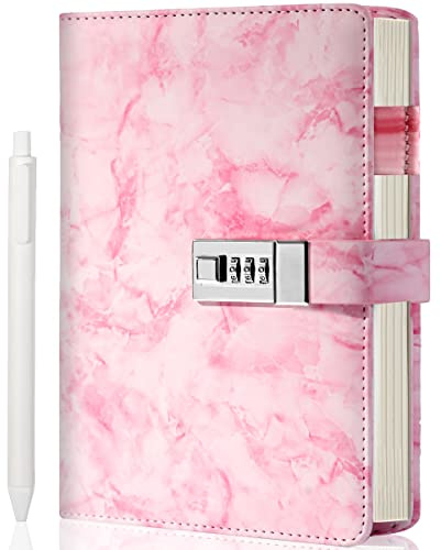 Marble Diary with Lock for Girls and Women, Locked Diary with Pen,A5 Pink