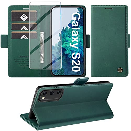 Handyhülle für Samsung Galaxy S20 Hülle mit Schutzfolie, Schutzhülle Galaxy S20 Standfunktion Premium Leder Wallet Silikon Phone Case Cover Hüllen S20 Klapphüllen 6.2 Zoll (Grün)