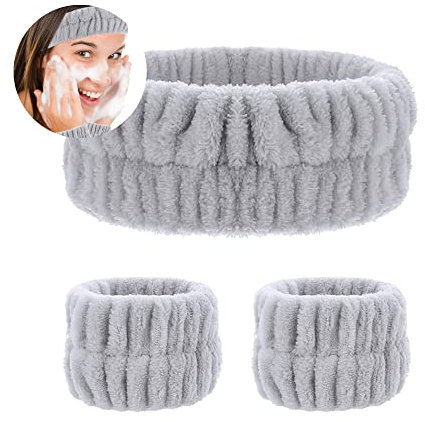 Lot de 3 bandeaux élastiques absorbants pour lavage du visage - Pour le lavage du visage - Gris