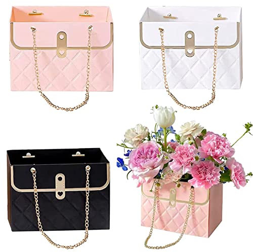 4PCS Flower Paper Box CTDMJ Paper Flower Gift Bags Box Metal Chain Floral Arrangements Bouquets Bag Florist Bag Bouquet Storage Bucket Wedding Party Gift Wrap Bag (3 Colors), black white pink
