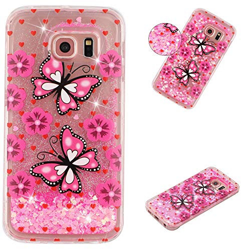 COTDINFOR Compatible with Samsung Galaxy S6 Edge Hülle Flüssigkeit Glitzer Flip Cover Sparkle Floating Bling Stoßfest Schutzhülle Handyhüllen für Galaxy S6 Edge Case Butterfly XYLS.