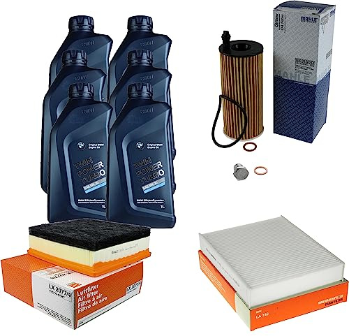 Inspektionspaket 6L 5W-30 für 1er F21 2 Coupe F22, F87 3er Touring F31 F20 | Motoröl Longlife 04 Twin Power Turbo 5W-30 Ölfilter Luftfilter Innenraumfilter Ablassschraube